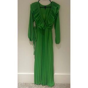 New Collection Green Pleated Ruffle Maxi Dress Long Sleeve V-Neck Wrap Tie 10